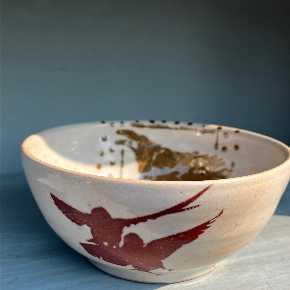 Signed Pottery Bowl with Bird Design